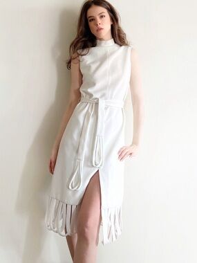 Vintage 60s Designer White Sleeveless Midi Dress with Tie Belt and Fringe